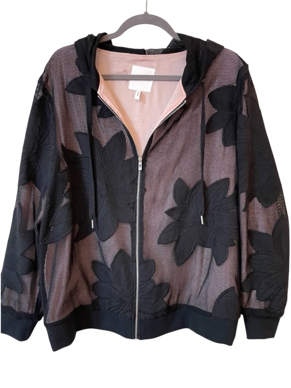Avec Les Filles Black Mesh Jacket Size XL Floral Appliqué Hooded Zip Casual Boho